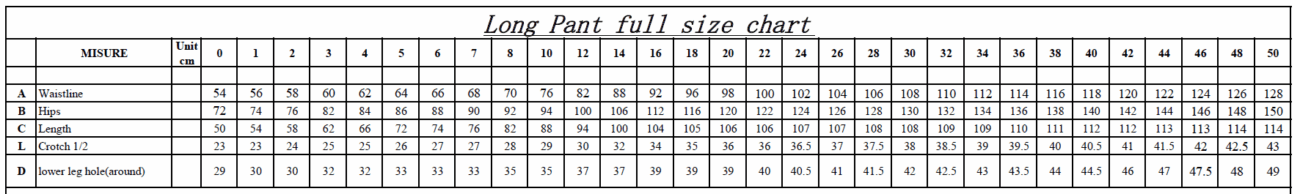 EY PS Long pant full size chart