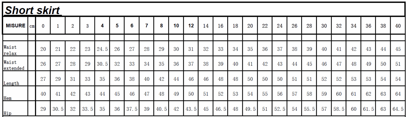 EY PS PE summer skirt full size chart