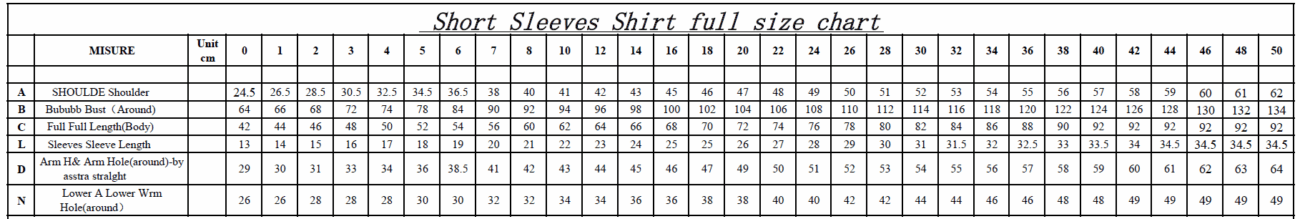 EY PS Short Sleeves Shirt full size chart