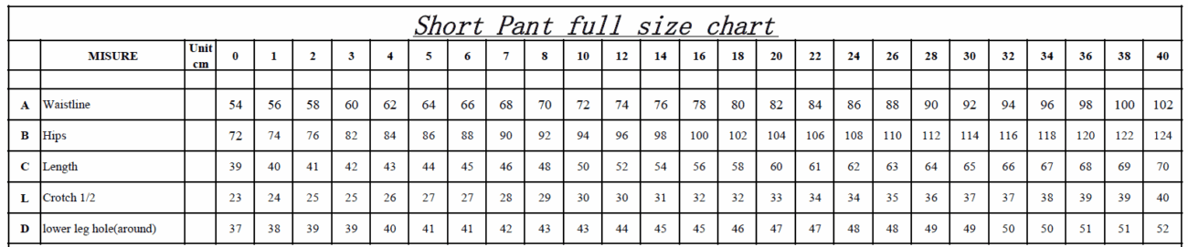 EY PS Short pant full size chart