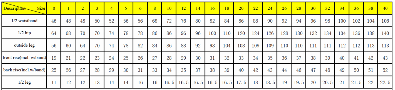 EY Winter Pants full size chart