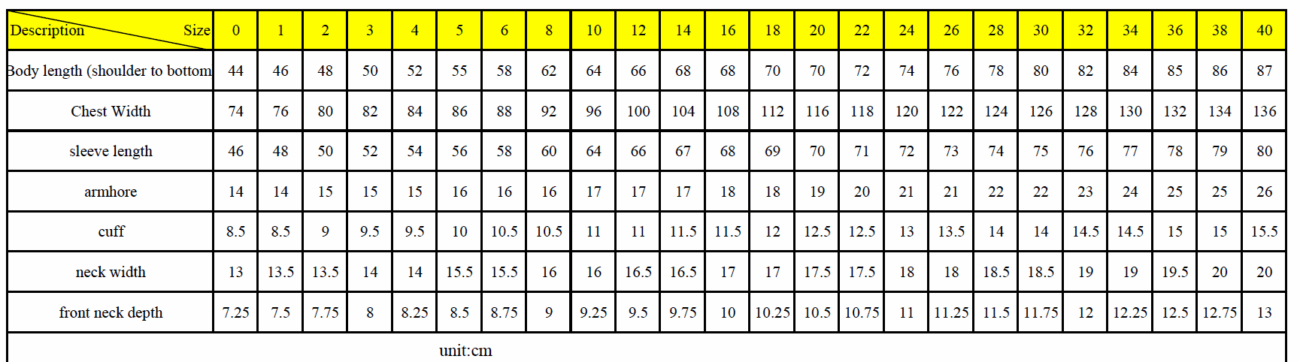 EY Winter Shirt full size chart